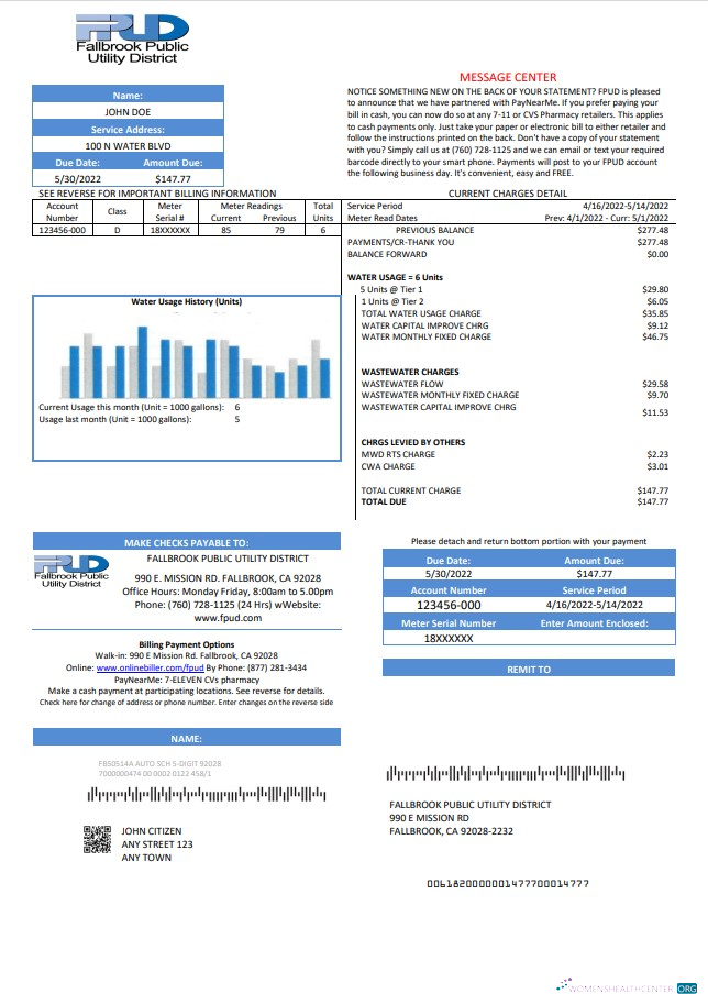 download download USA Fallbrook Public utility bill template in Word and PDF format PDF template PDF template